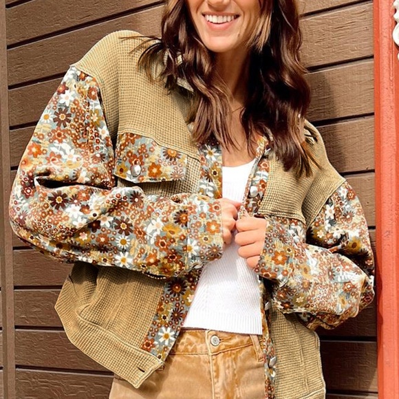 Jackets & Blazers - B145 Khaki Waffle Knit Floral Print Patchwork Button Up Jacket